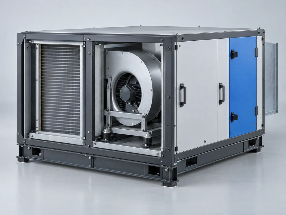 Illustrative concept of HVAC equipment with a fan and heat exchanger, not validated for manufacturing
