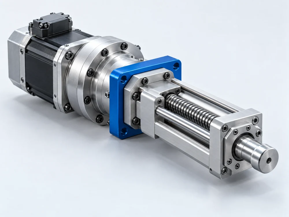 Illustrative concept of a mechanical assembly with an actuator and transmission, not created in Unit CAD
