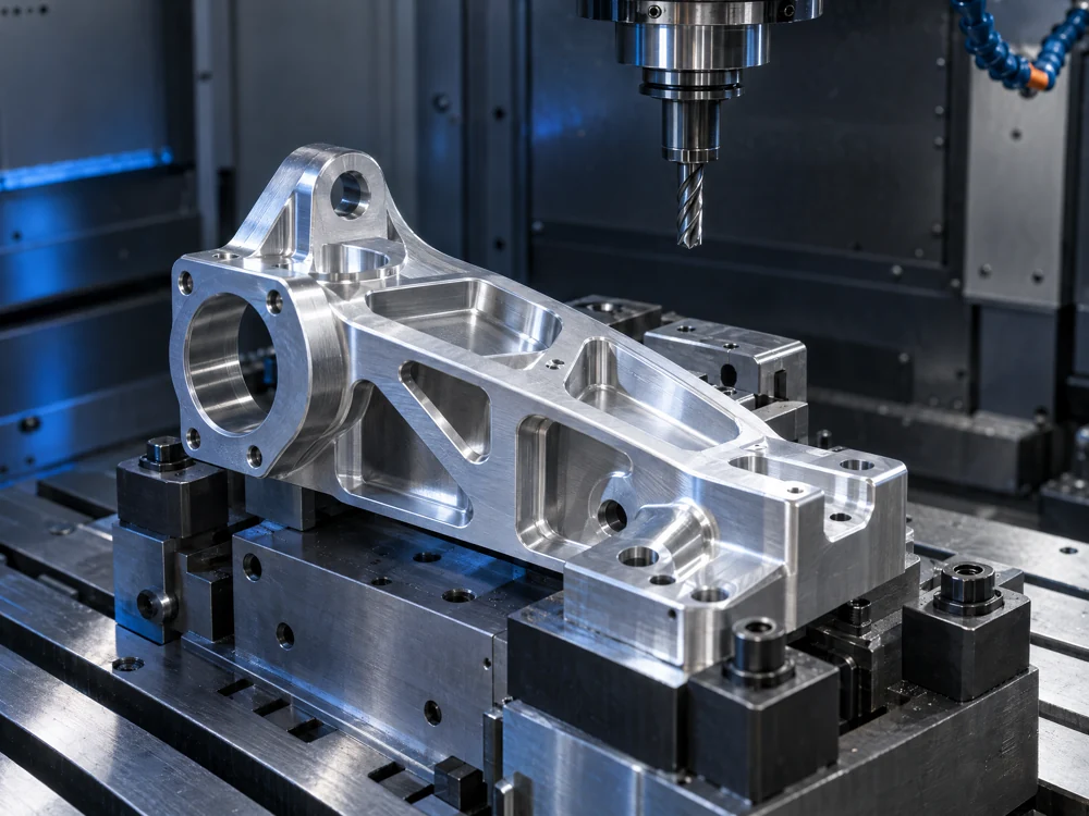 Illustrative scene of an aluminum component being machined, not created in Unit CAD